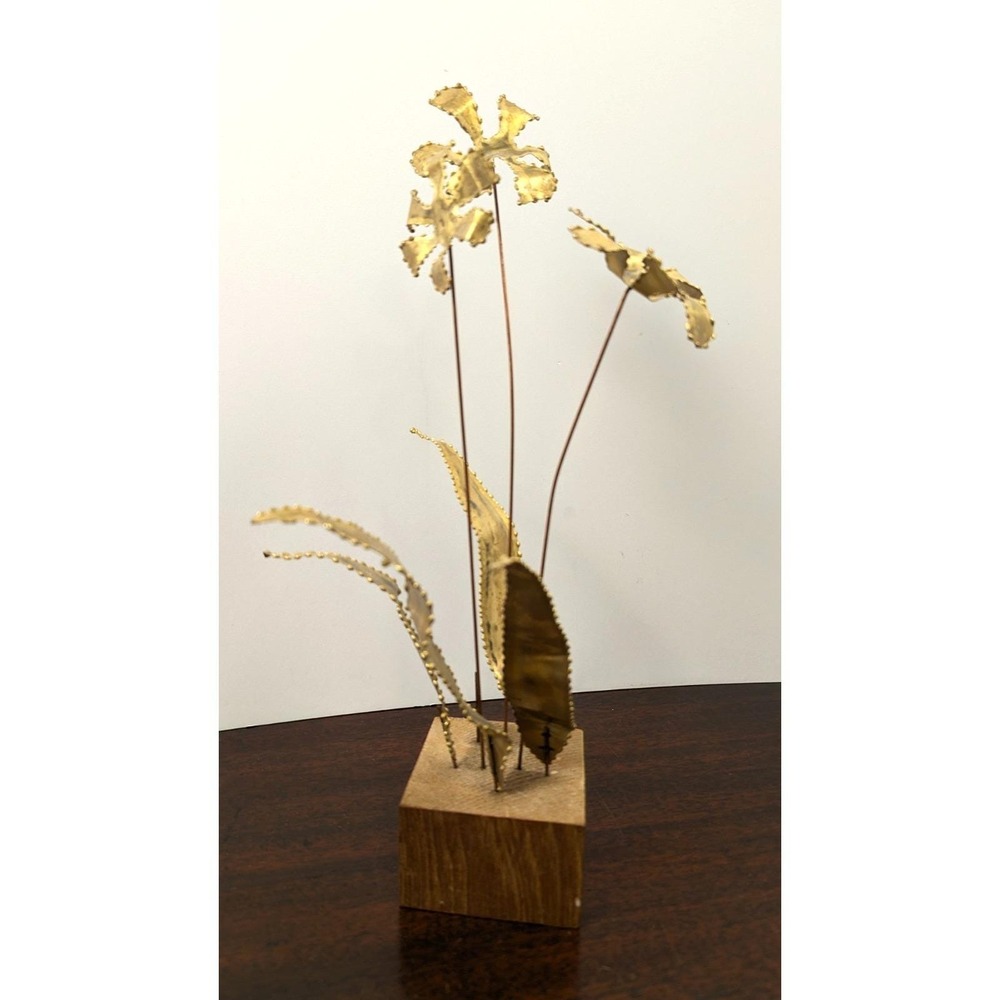 Vintage MCM Brutalist Brass Metal Floral Sculpture Wood Base Handmade Abstract - Picture 2 of 10